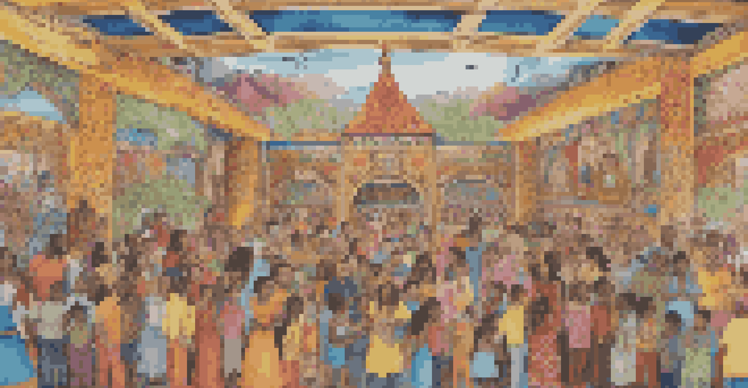 A vibrant mural depicting various cultural narratives, with people gathered around discussing the artwork, showcasing community and diversity.