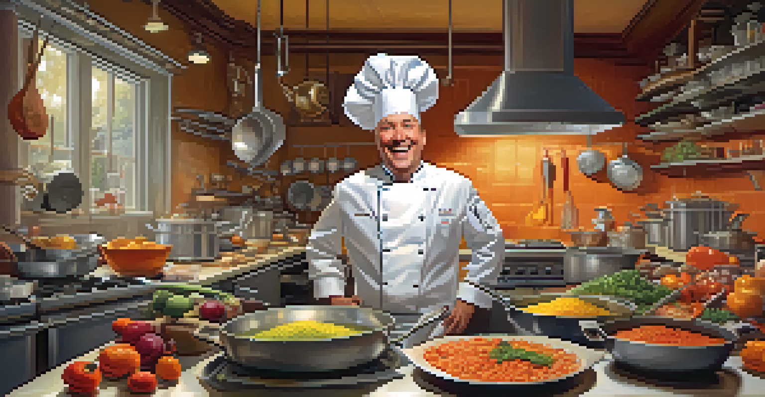 A caricature of a chef in a kitchen, with exaggerated features and large cooking utensils around.