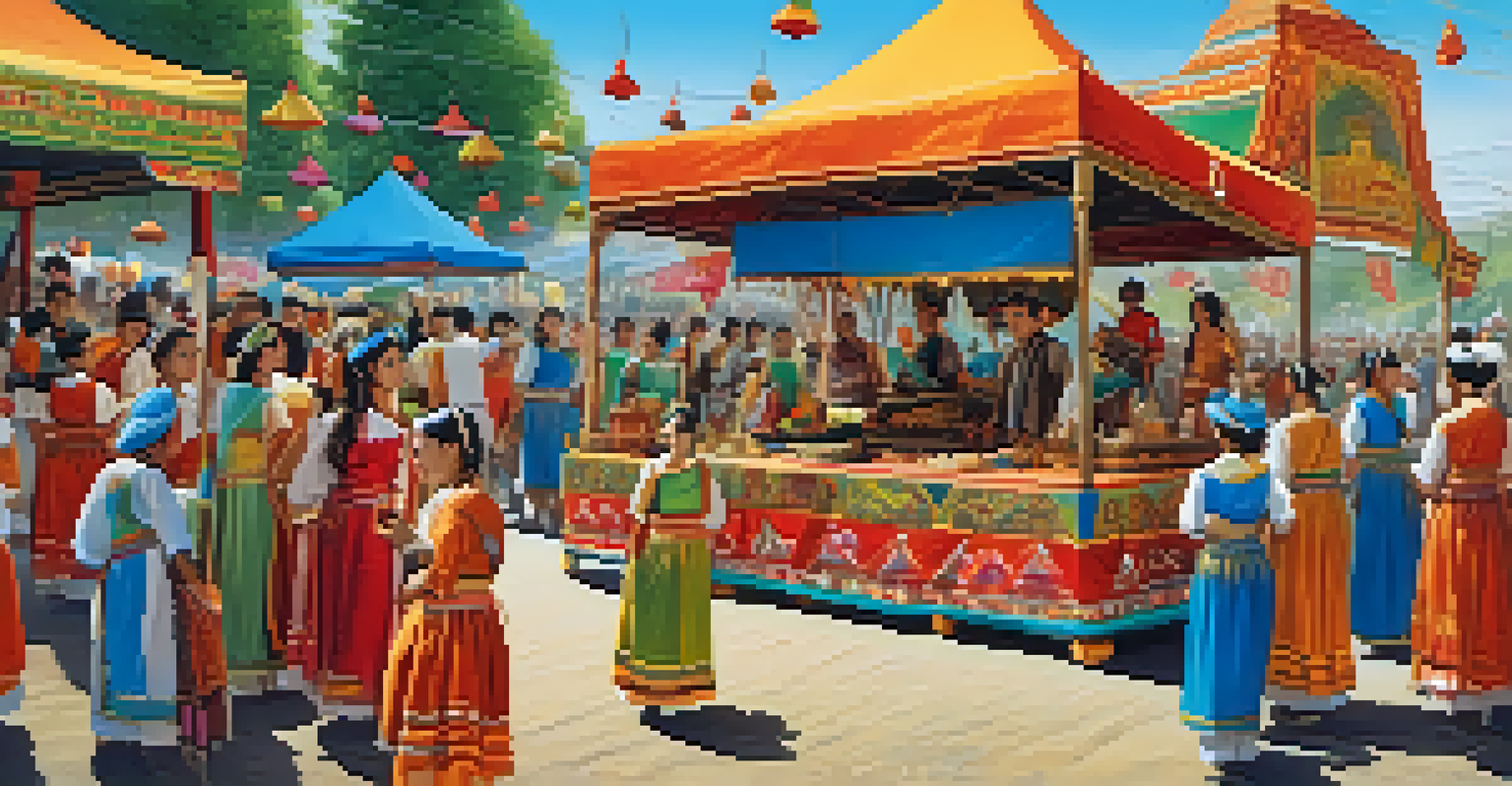 A lively outdoor cultural festival scene with people participating in artistic activities, vibrant costumes, and colorful stalls, set against a blue sky.