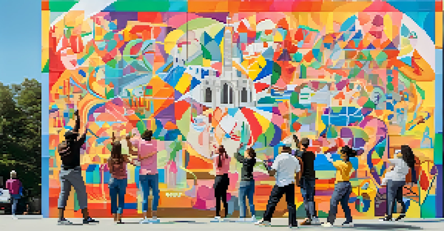 People of various ages collaboratively painting a bright mural that promotes mental health awareness, showcasing unity and positivity.