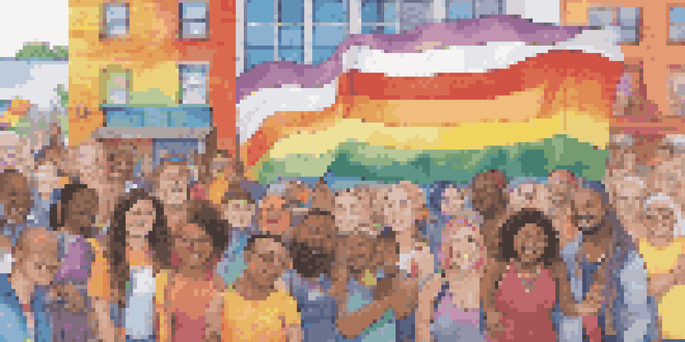 A colorful mural with the LGBTQ+ pride flag and mental health symbols, featuring diverse individuals painting together on a sunny day.