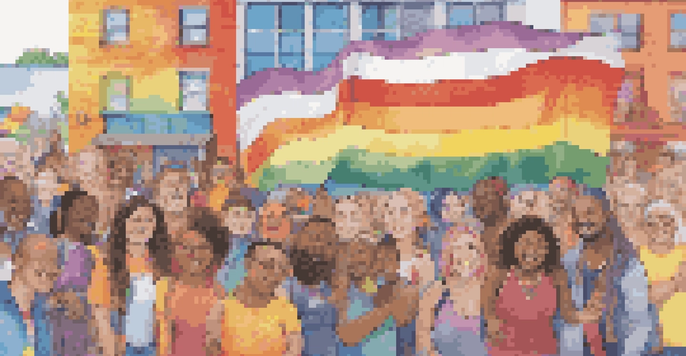 A colorful mural with the LGBTQ+ pride flag and mental health symbols, featuring diverse individuals painting together on a sunny day.