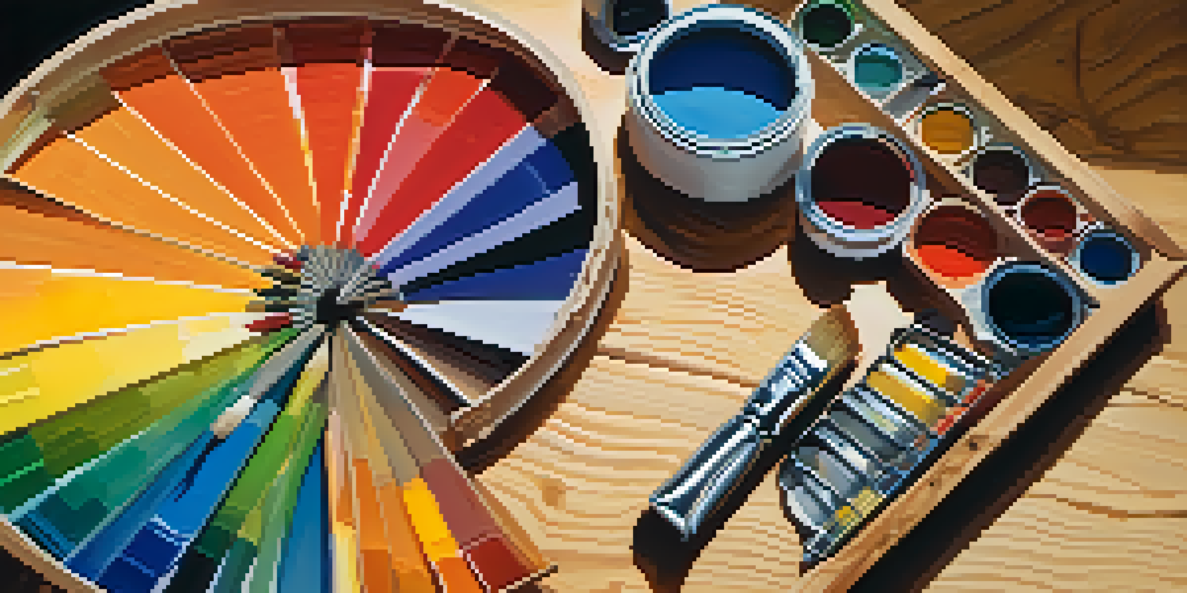 A vibrant color wheel with various paint colors and art supplies on a wooden table, illuminated by warm light.