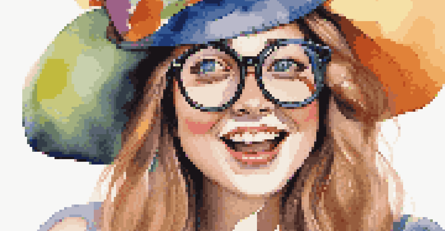 A playful portrait of a young woman making a funny face, adorned with oversized glasses and a colorful hat, set against a light backdrop.