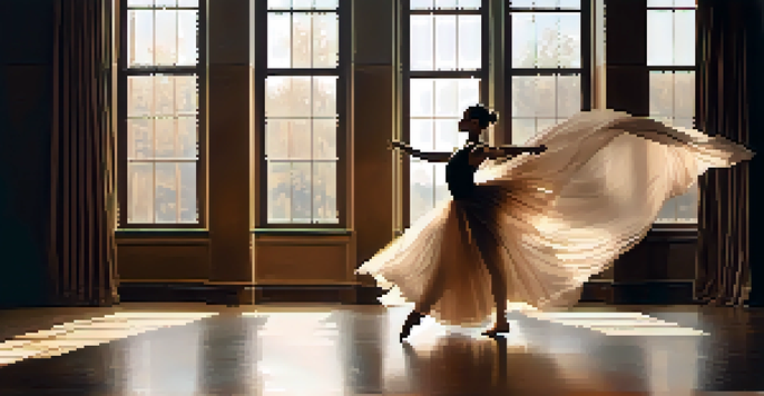 A silhouette of a dancer performing on stage with soft warm lighting, capturing the fluidity of movement and the emotional connection with the audience.