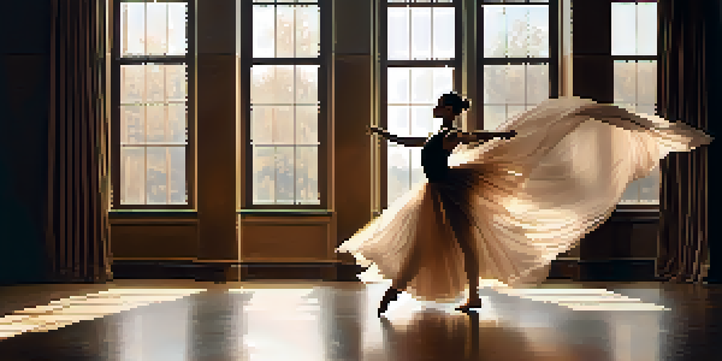 A silhouette of a dancer performing on stage with soft warm lighting, capturing the fluidity of movement and the emotional connection with the audience.