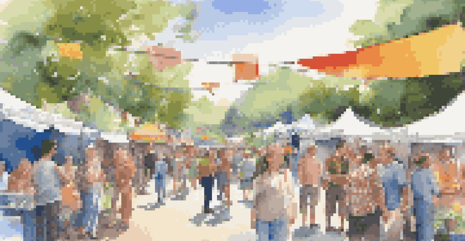 An outdoor art festival with artists and attendees mingling, surrounded by colorful artworks and greenery, under a clear blue sky.