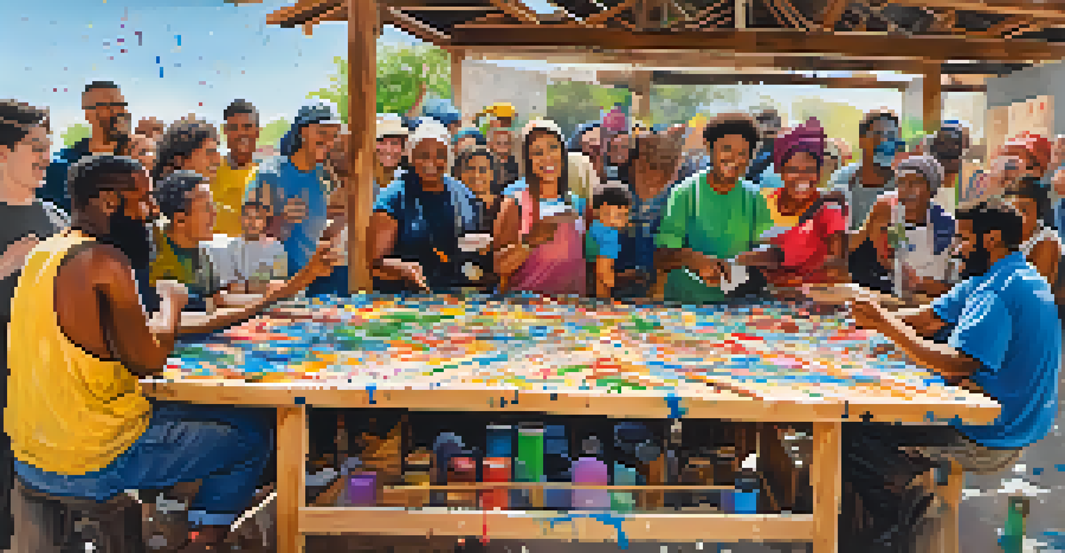 A vibrant community art workshop where local artists and refugees collaborate on a large canvas, showcasing unity and diversity through joyful interactions.