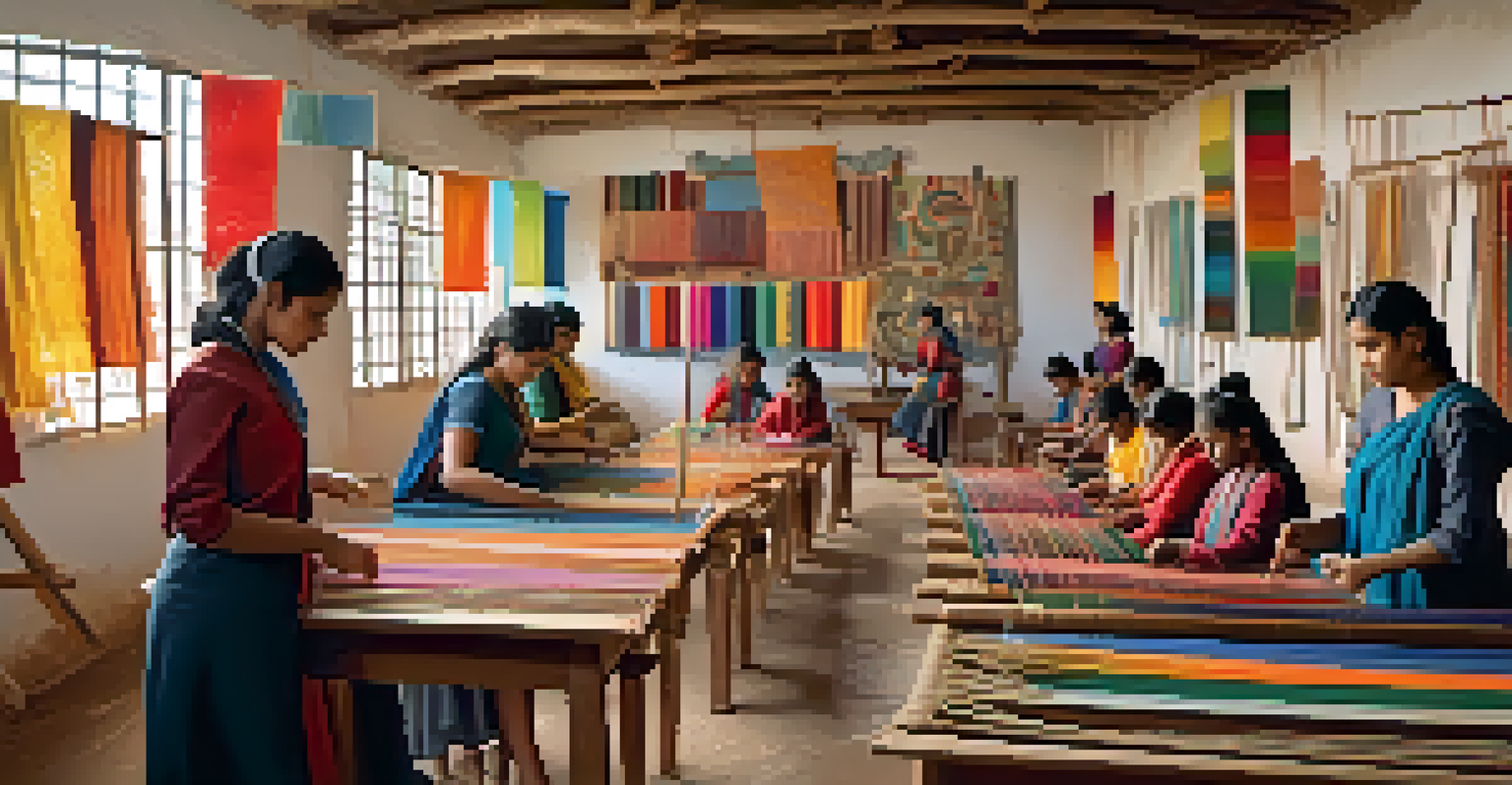 Students participating in a traditional weaving workshop in a classroom, learning from a teacher amid colorful threads.