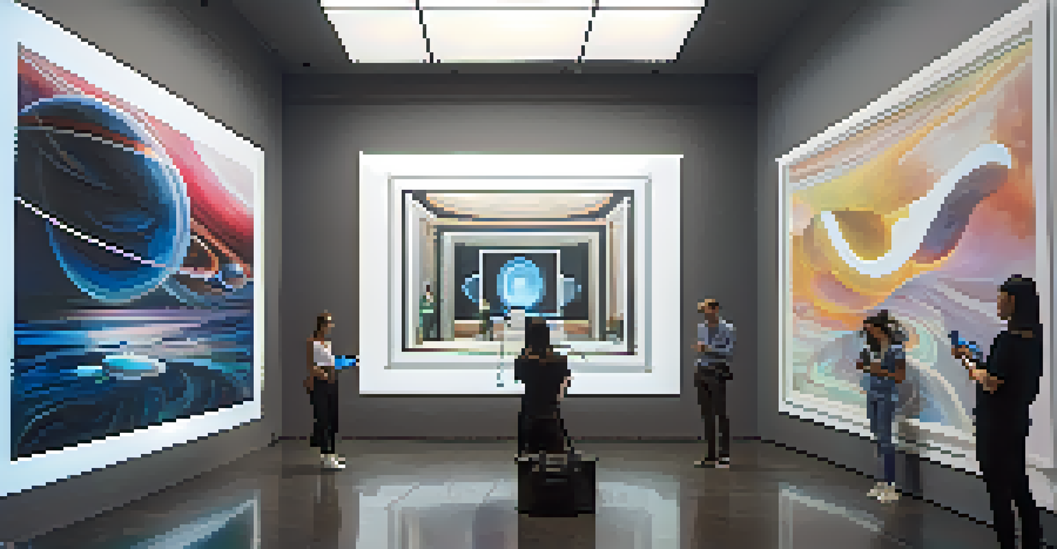 A modern art installation where viewers use smartphones to see animated elements overlaying a classic painting in a darkened room.