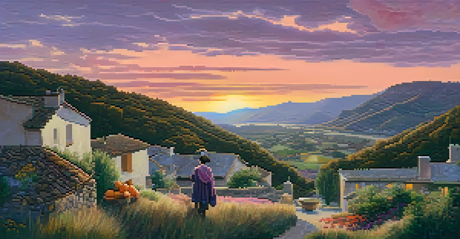 An artist painting at sunset in a serene landscape, surrounded by tools of the trade, with a historic village in the background.