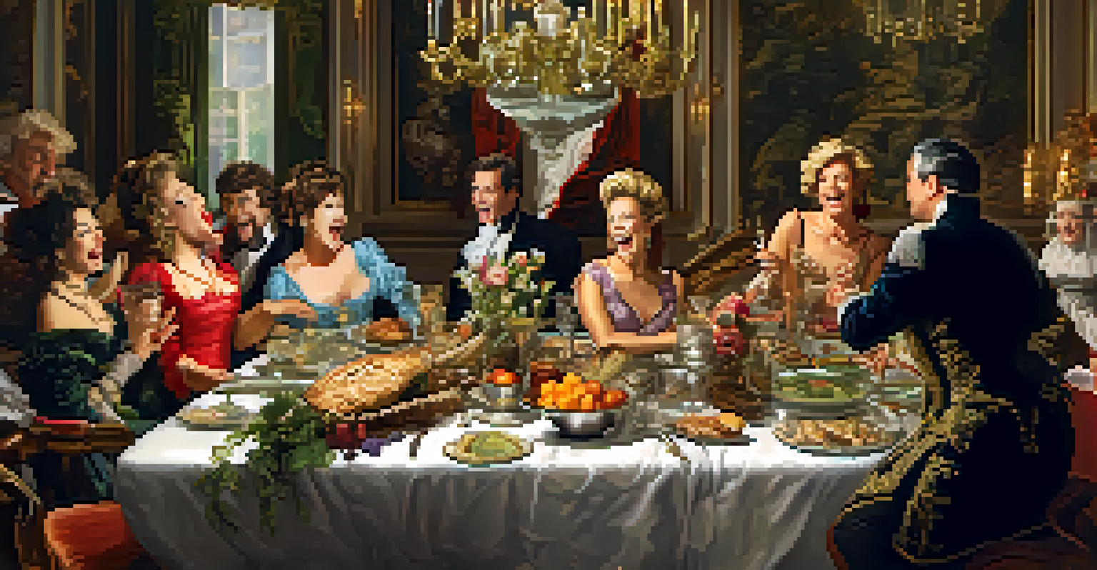 A Baroque painting of a dinner party with guests showing exaggerated expressions of laughter and surprise around a lavish table.