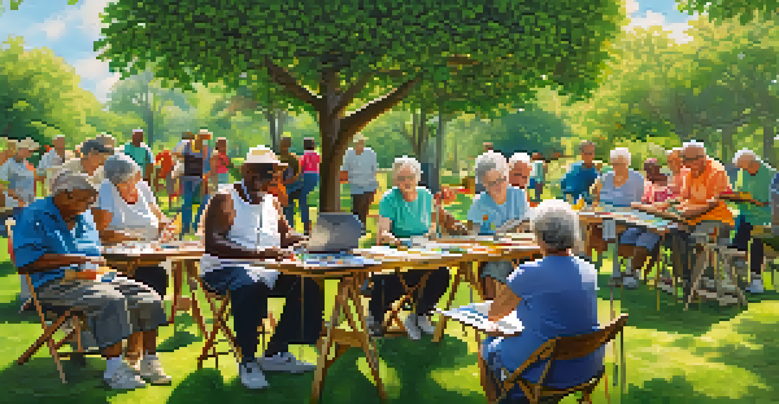 A group of seniors participating in a community art class outdoors, working on various art projects in a green environment.