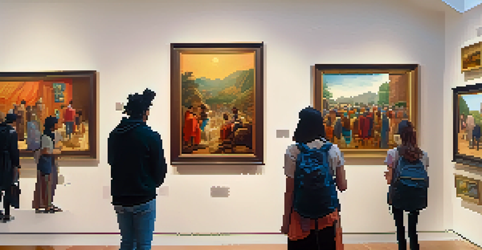 A lively art gallery with diverse artworks and visitors admiring them in natural light.