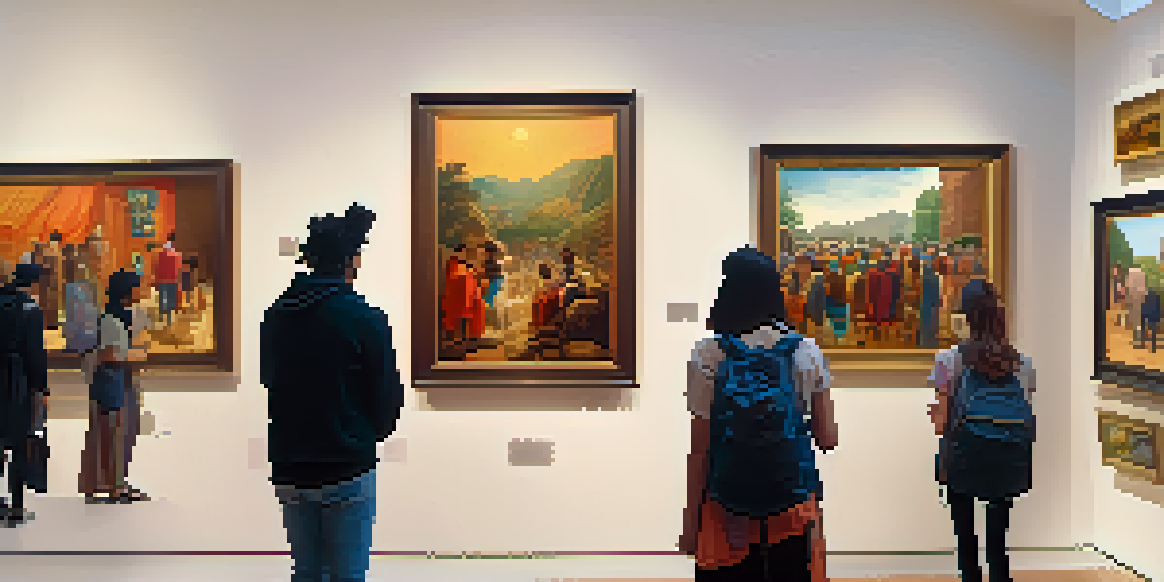 A lively art gallery with diverse artworks and visitors admiring them in natural light.