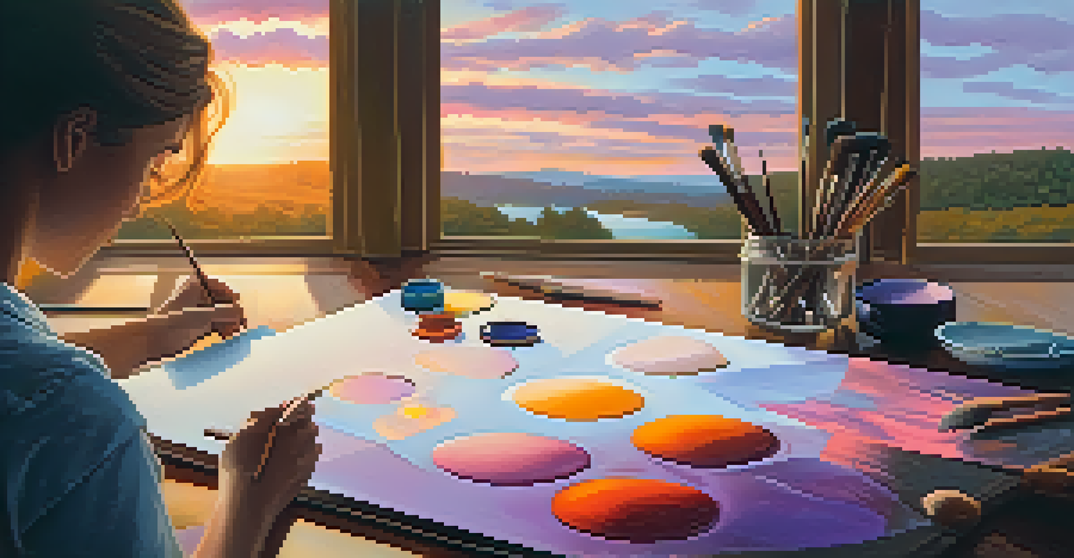 An artist's hands painting a colorful sunset landscape on canvas, surrounded by paintbrushes and a palette.