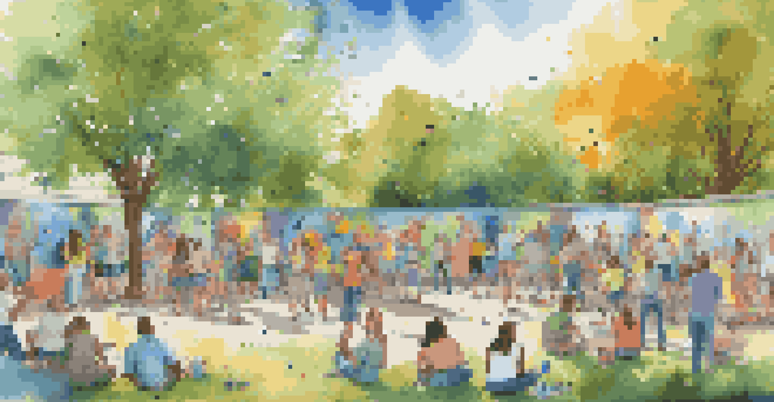 A community art project in a park, with diverse groups of people working together to create a large mural, surrounded by nature.