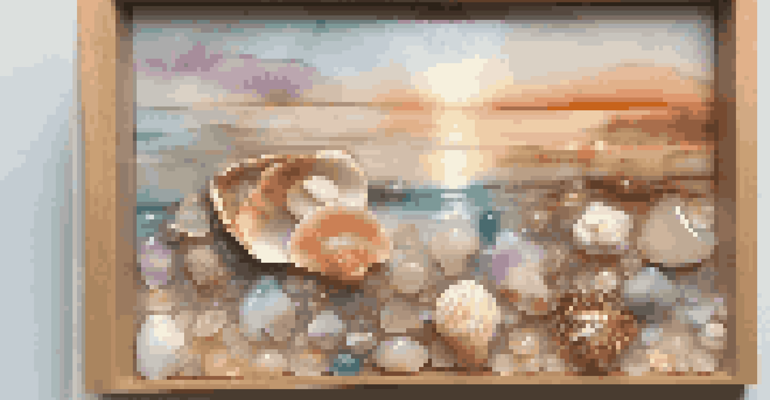 A completed resin art piece on a wooden surface with layers of translucent resin and embedded seashells, featuring a glossy finish and soft shadows.