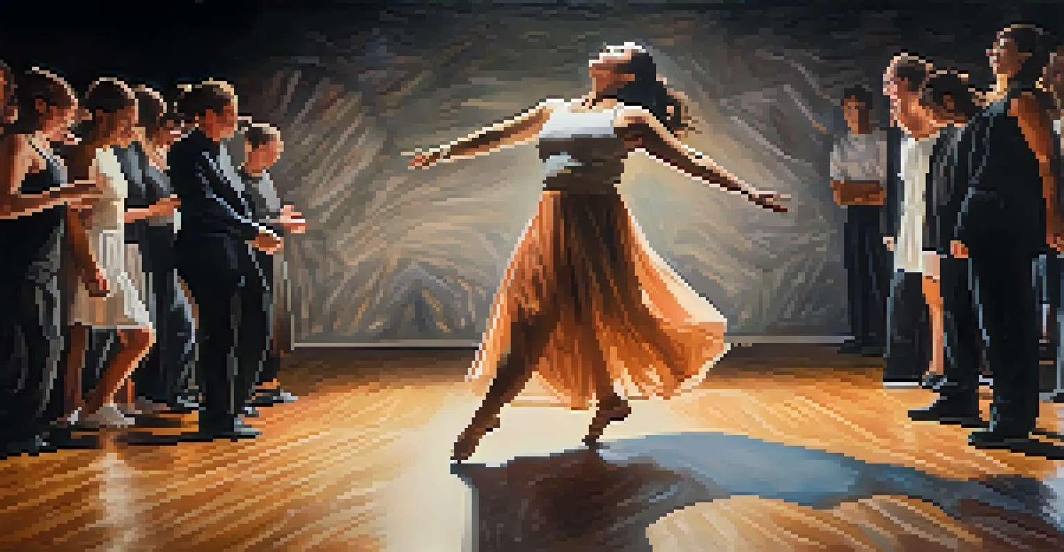 A dancer with a disability performing on stage, using expressive movement to convey emotion. The soft lighting and abstract backdrop enhance the powerful narrative of the performance.