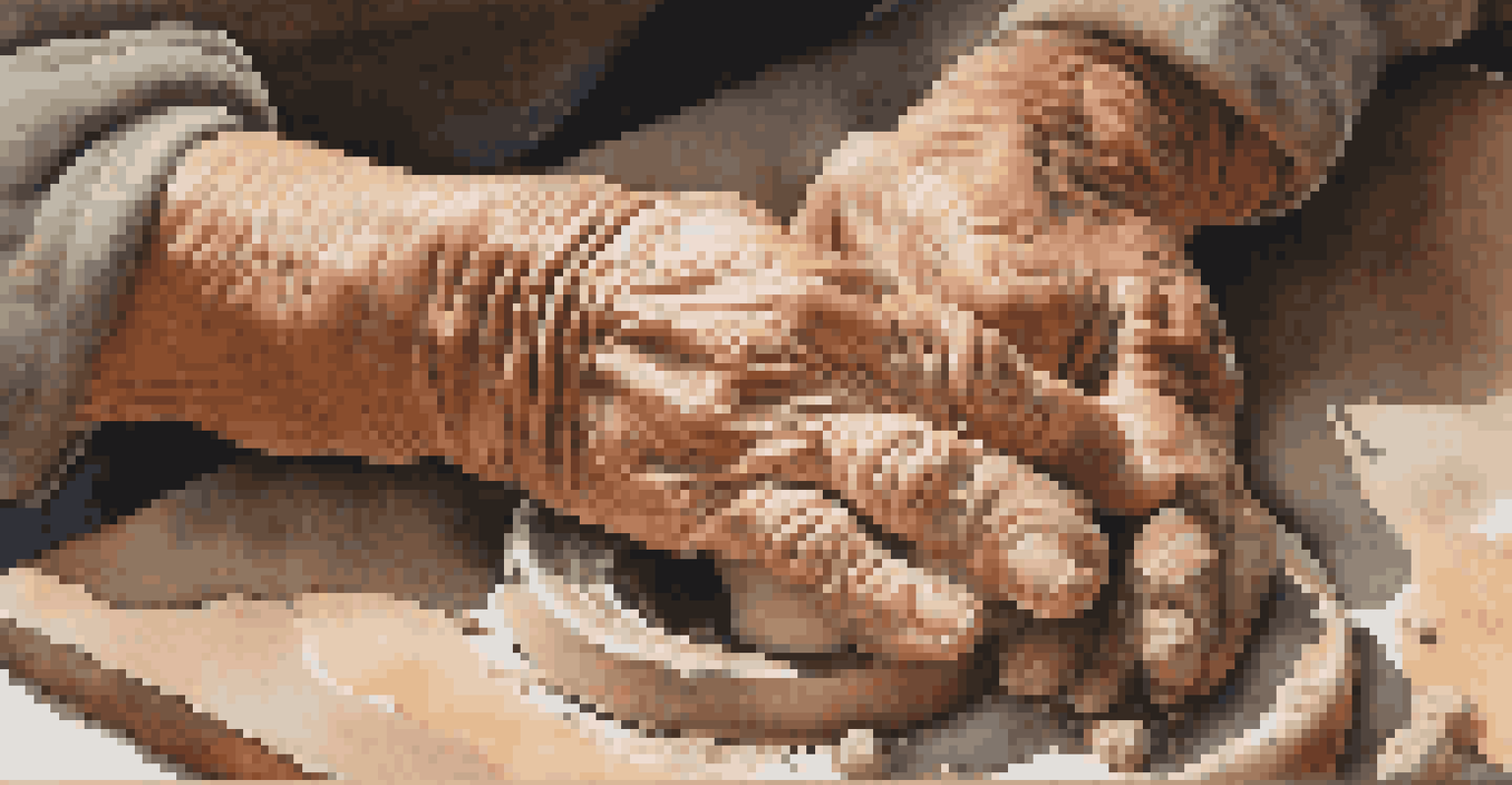 Close-up of a senior's hands shaping clay on a pottery wheel, with tools and finished pottery pieces in the background.