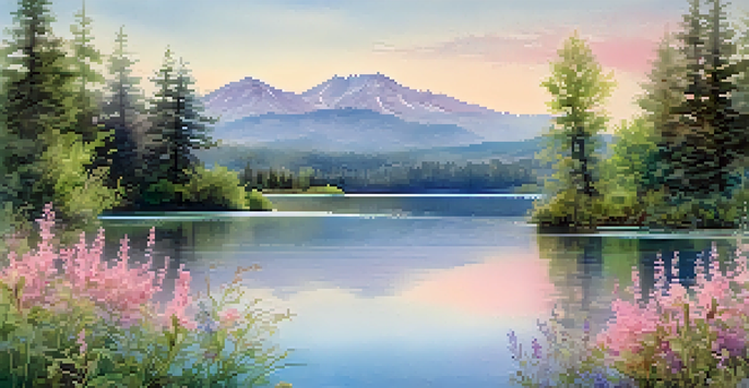 A peaceful watercolor landscape depicting a lake with trees and mountains, under a pastel colored sky.