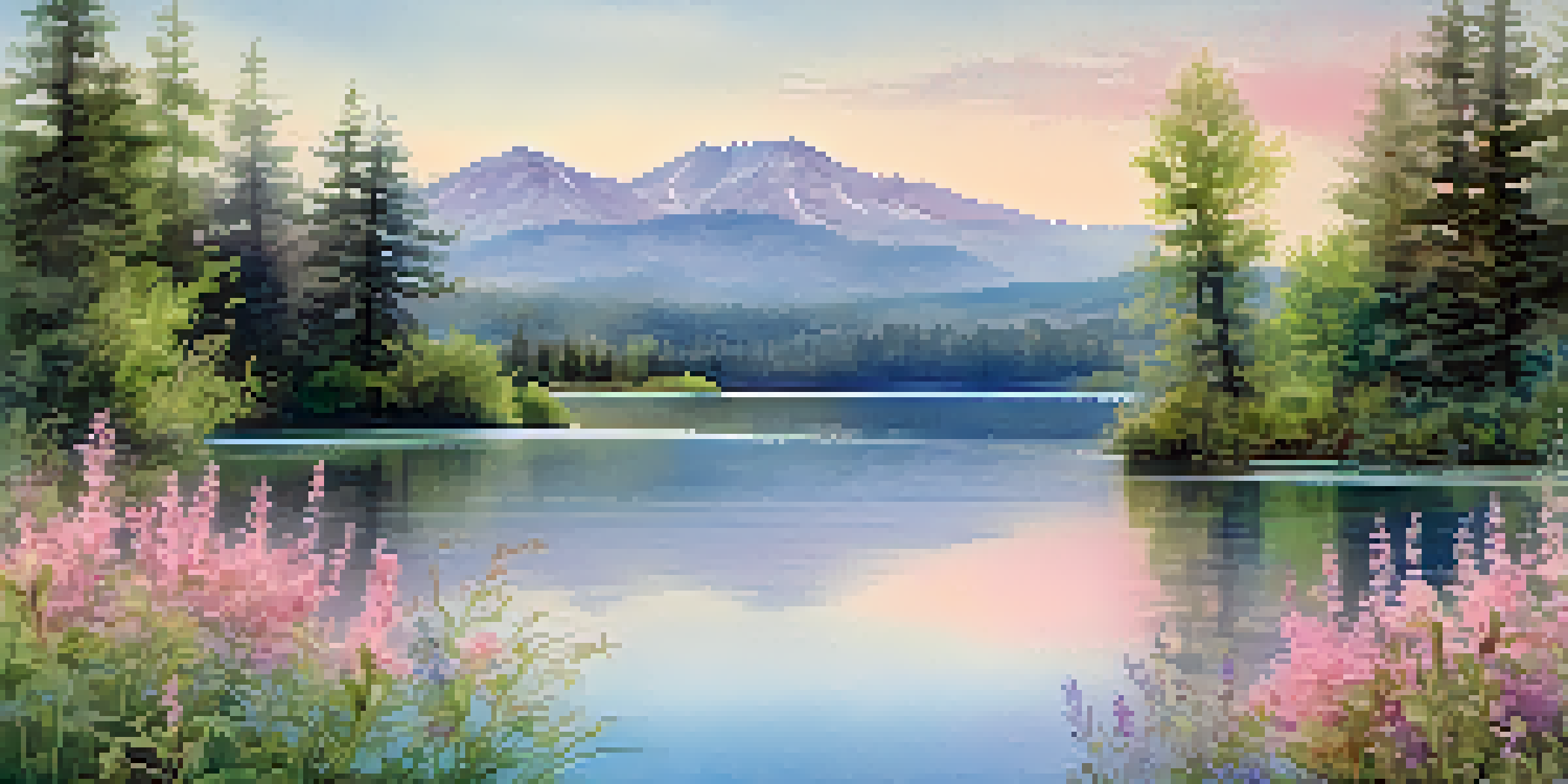 A peaceful watercolor landscape depicting a lake with trees and mountains, under a pastel colored sky.