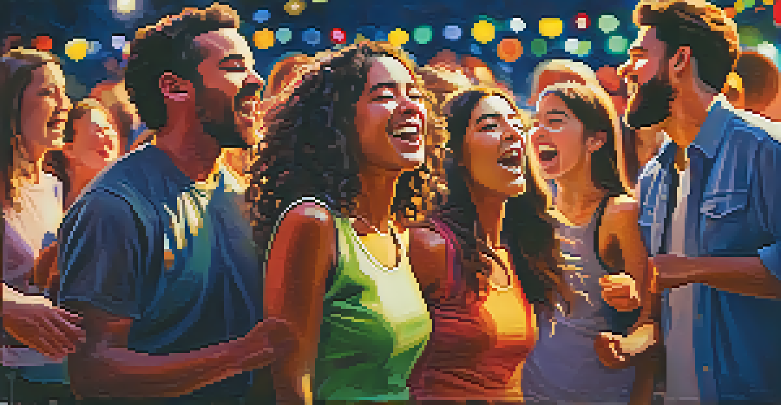 A group of diverse friends enjoying a concert, singing and dancing under colorful lights, capturing joy and camaraderie.