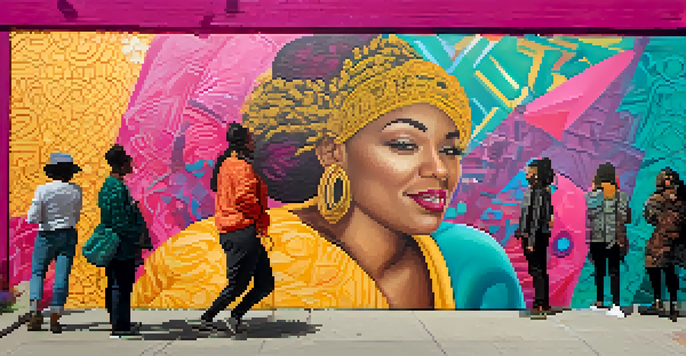 A colorful street mural depicting a diverse group of people representing different gender identities, with vibrant colors and patterns.