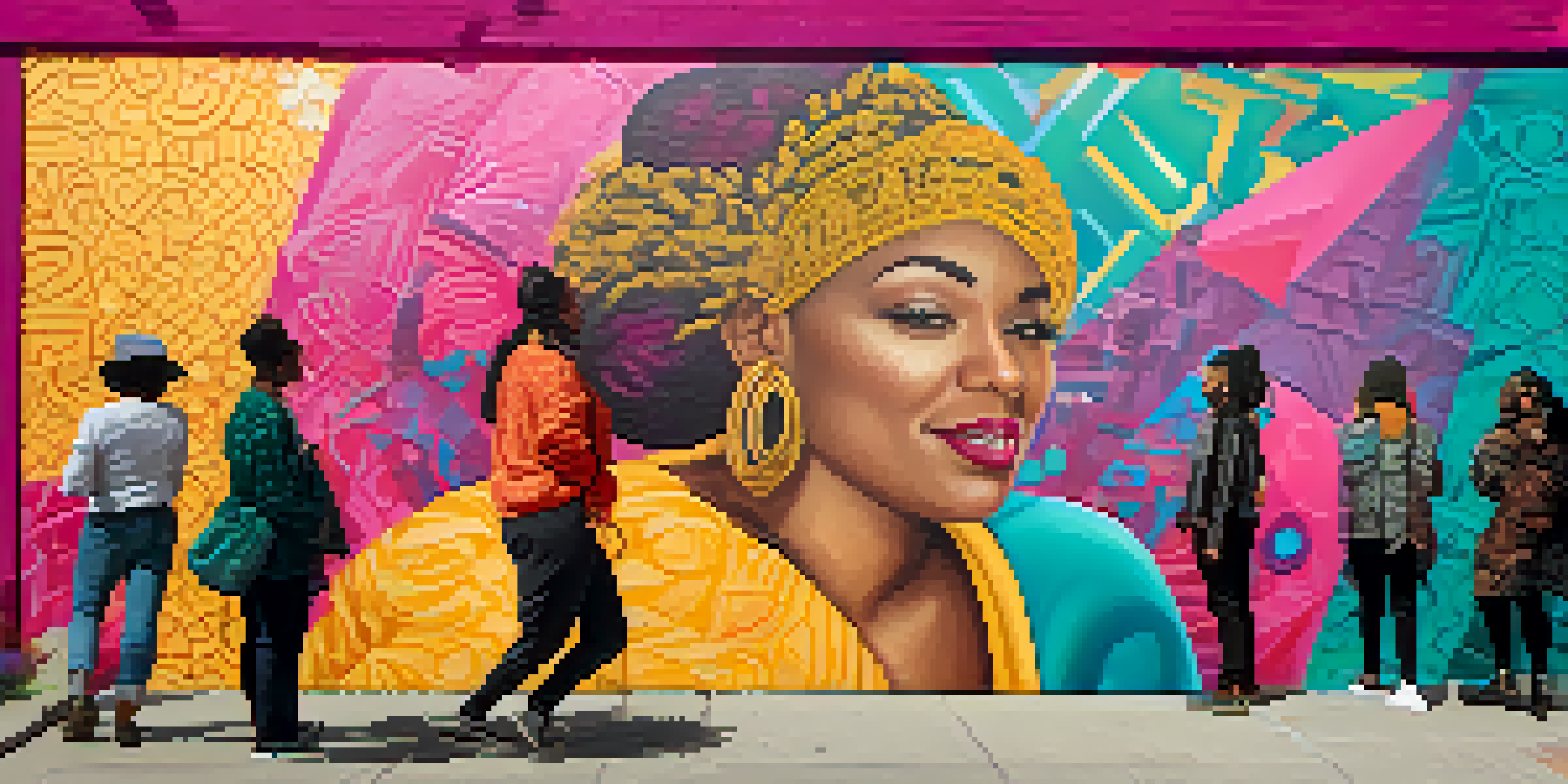 A colorful street mural depicting a diverse group of people representing different gender identities, with vibrant colors and patterns.