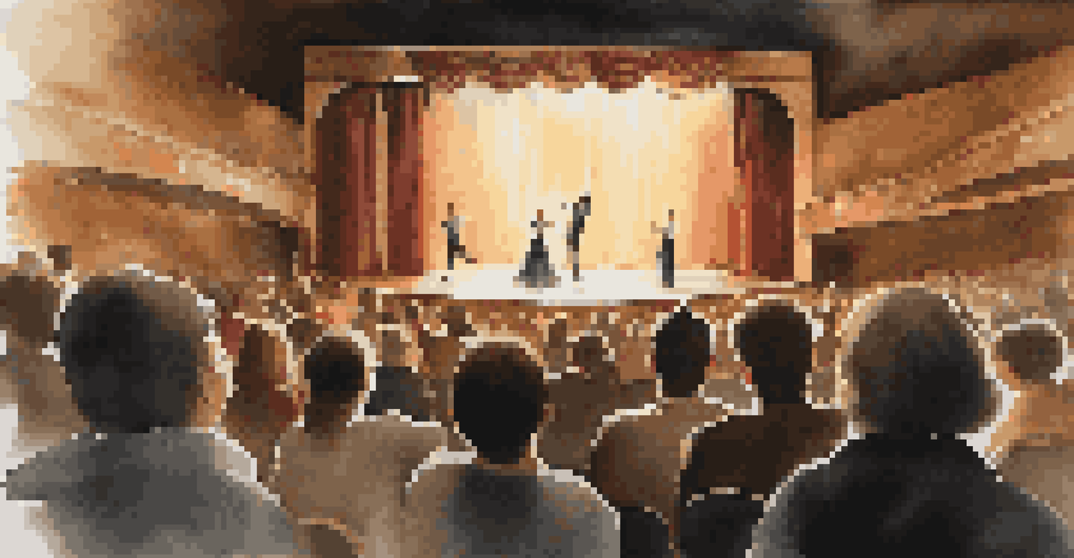 An audience in a dimly lit theater watching a dancer perform expressively on stage, conveying emotion and vulnerability.