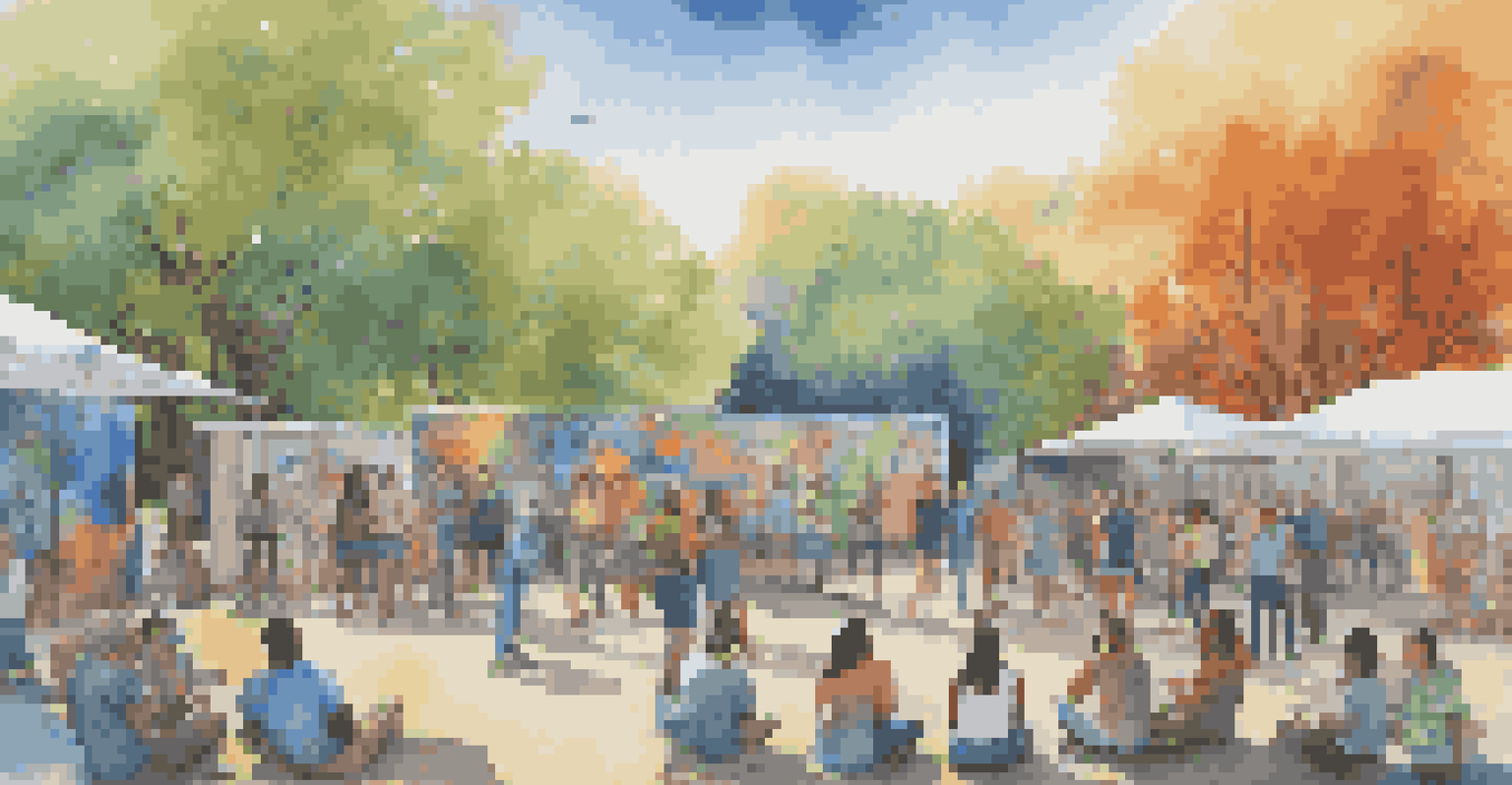 A community gathering around colorful murals promoting mental health awareness in an outdoor setting.