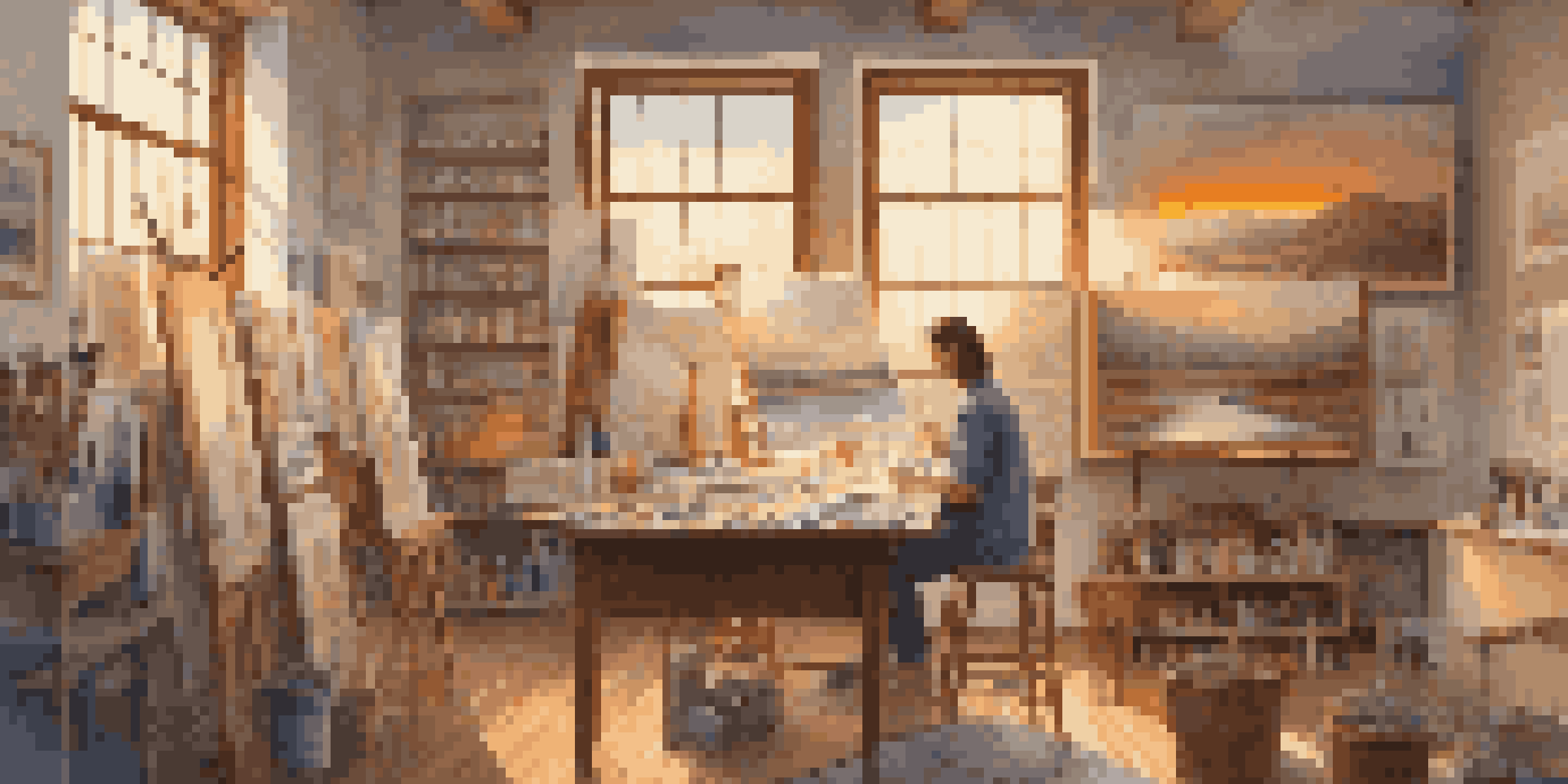 An artist painting a colorful landscape in a bright art studio, with art supplies and framed artworks around them.