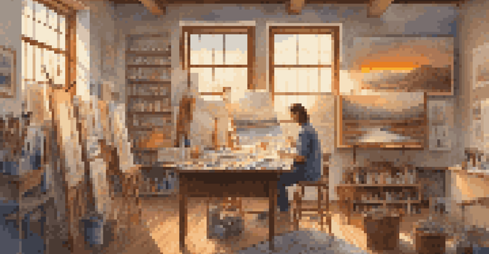 An artist painting a colorful landscape in a bright art studio, with art supplies and framed artworks around them.