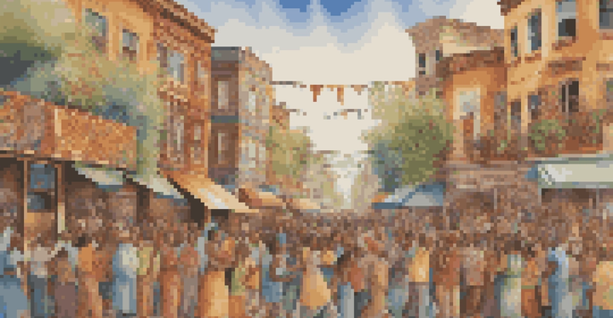 A colorful mural illustrating a historical event with diverse community members and symbols of unity.