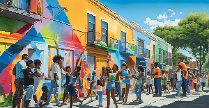 A community mural project with diverse individuals painting together in an urban setting, filled with bright colors and a lively atmosphere.