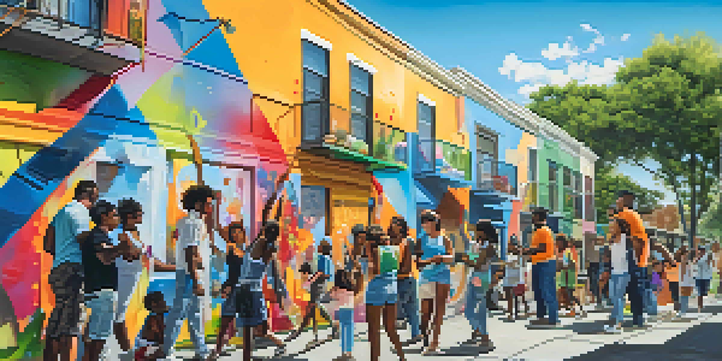 A community mural project with diverse individuals painting together in an urban setting, filled with bright colors and a lively atmosphere.