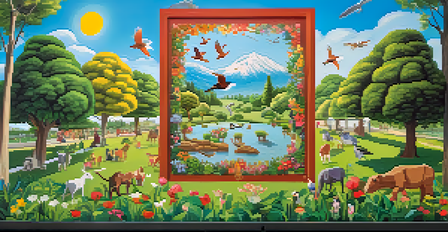 A vibrant outdoor mural animated with augmented reality, featuring a lush landscape with animals, as viewed through a smartphone.