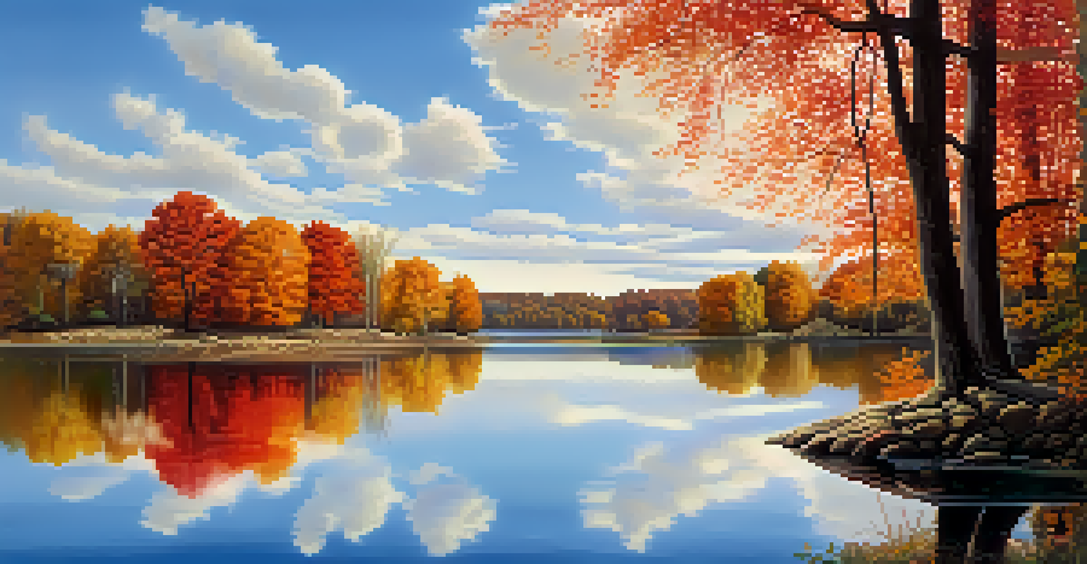 A peaceful lake landscape surrounded by autumn trees with colorful leaves reflecting on the water.
