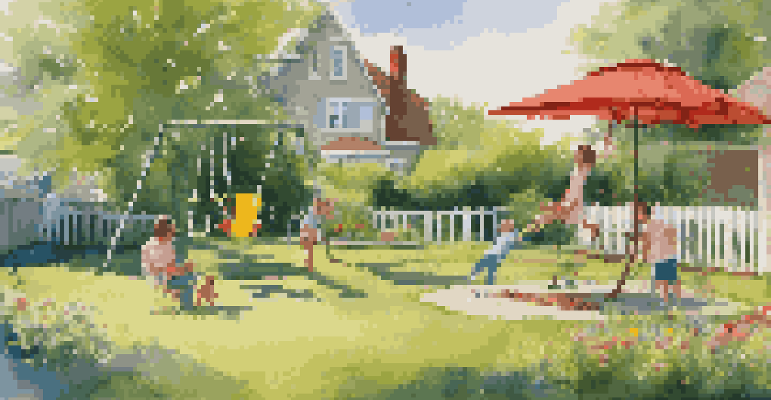 A vibrant summer backyard scene with a swing set, barbecue grill, and children playing, surrounded by green grass and colorful flowers.