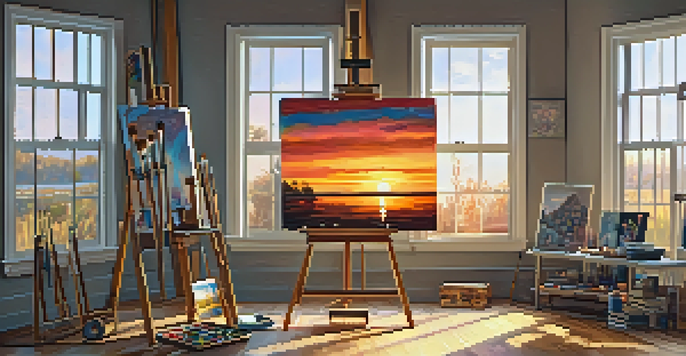 An art studio with an easel and a sunset painting, illuminated by soft sunlight coming through large windows.