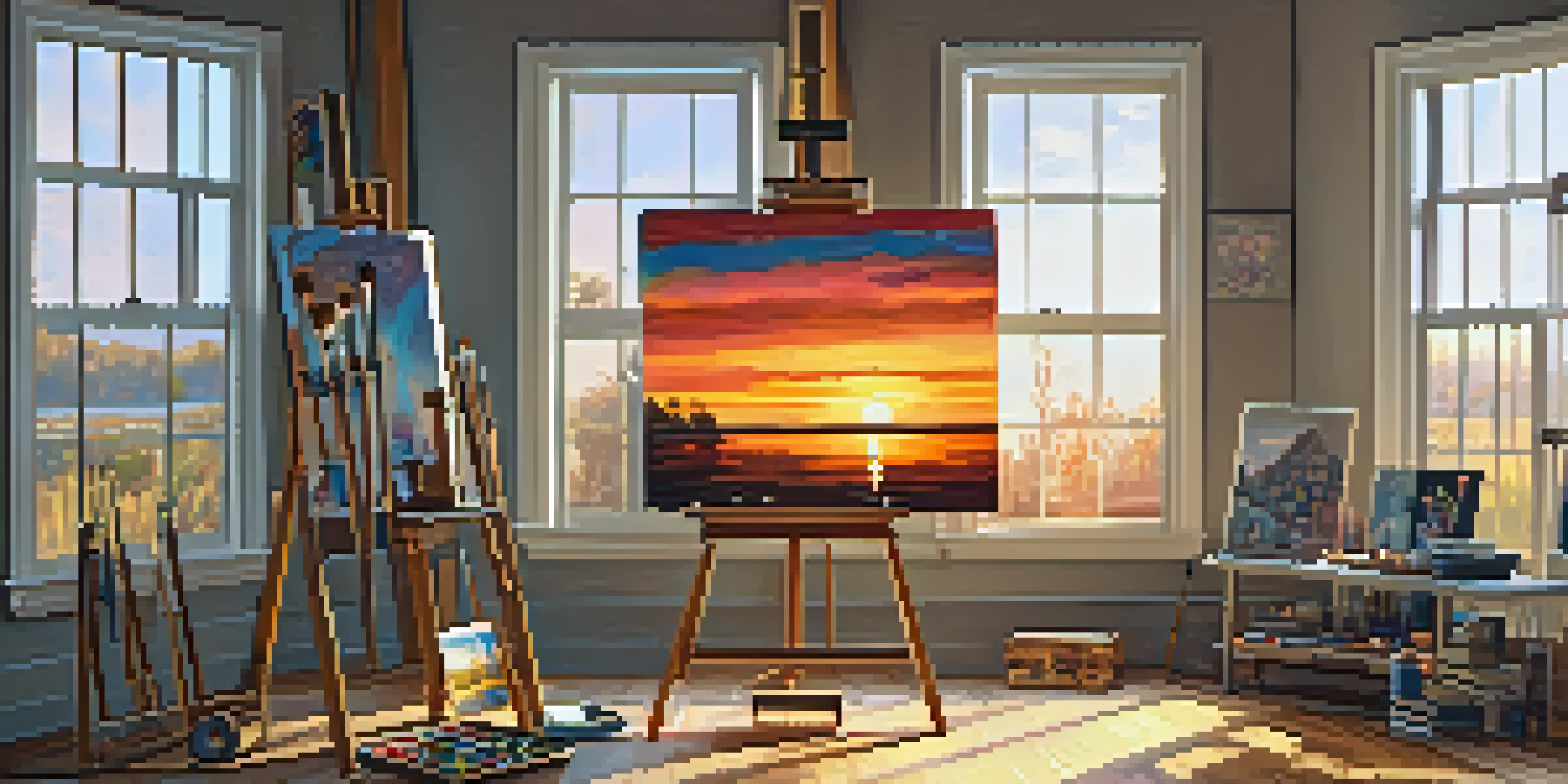 An art studio with an easel and a sunset painting, illuminated by soft sunlight coming through large windows.