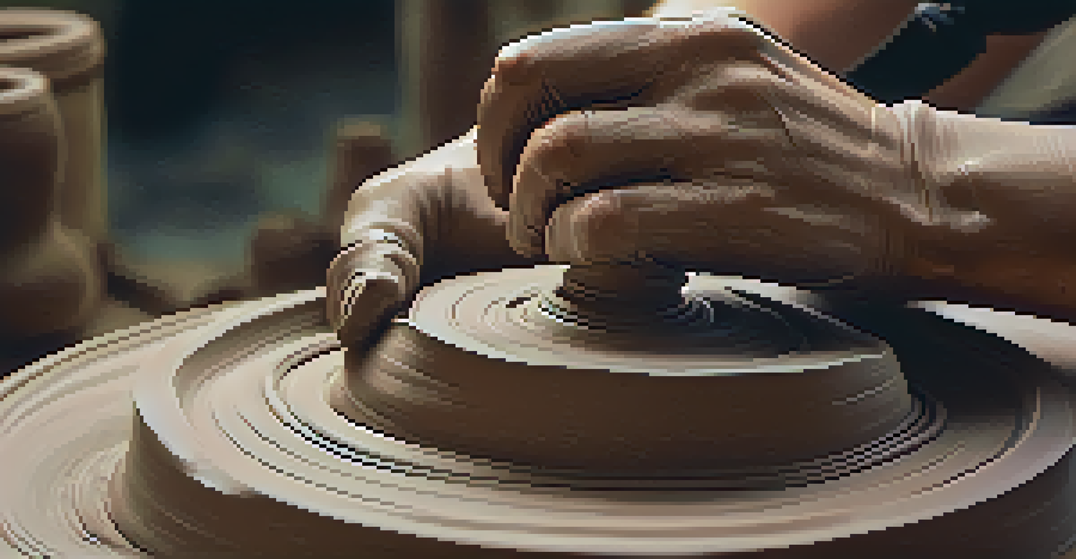 Close-up of hands molding clay on a sculpting wheel, emphasizing the texture and artistry.