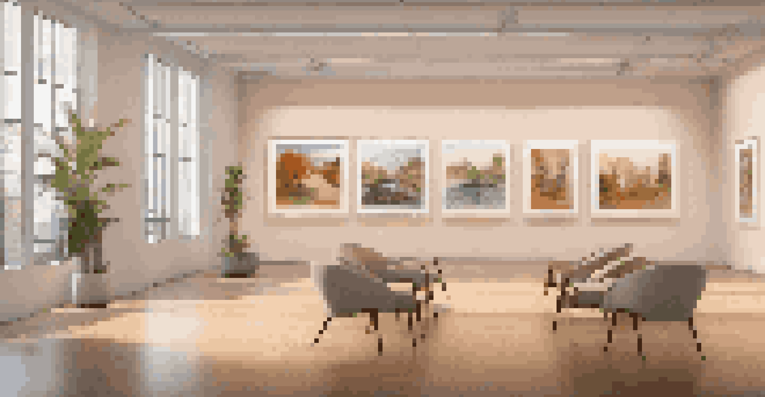 A virtual art gallery on a large screen, displaying diverse artworks with visitors interacting in a cozy and inviting environment.