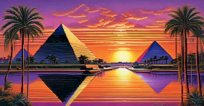 A serene ancient Egyptian landscape with pyramids at sunset, surrounded by palm trees and a reflective river.