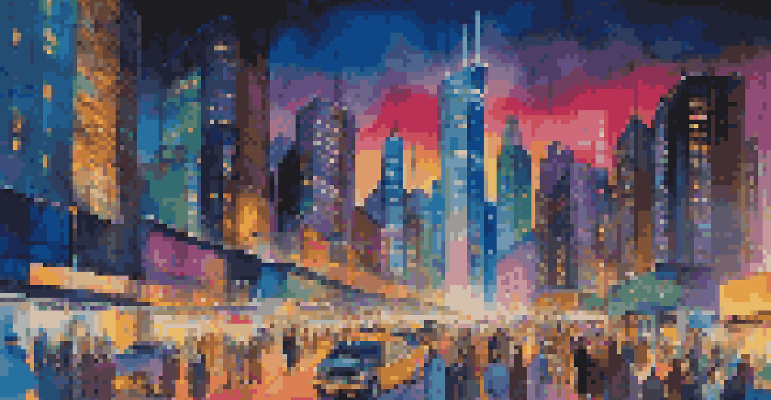 A vibrant cityscape at night with colorful neon lights, skyscrapers in the background, and busy streets filled with people.
