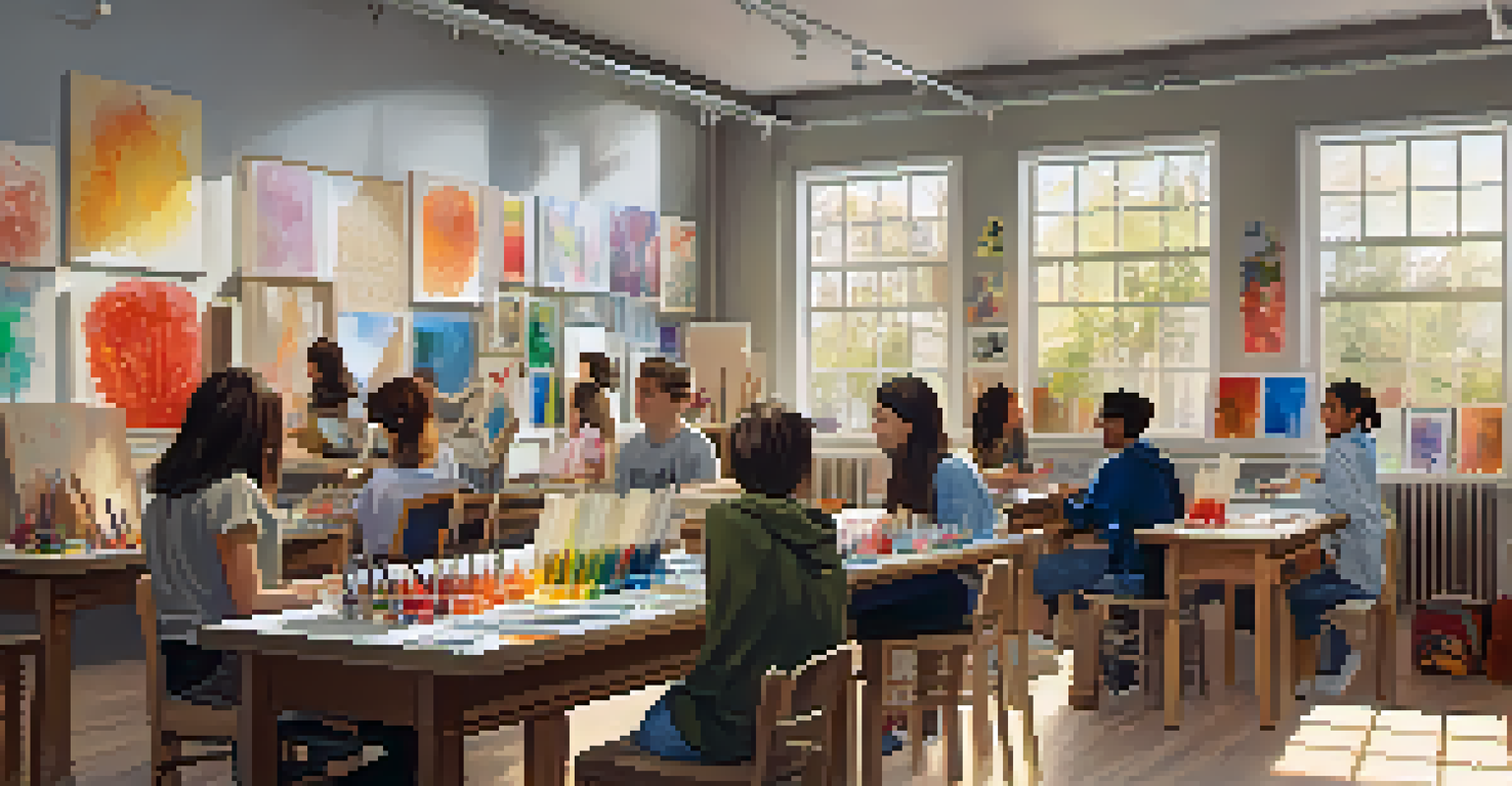A warm and inviting art classroom with young individuals participating in a creative workshop surrounded by art supplies and natural light.