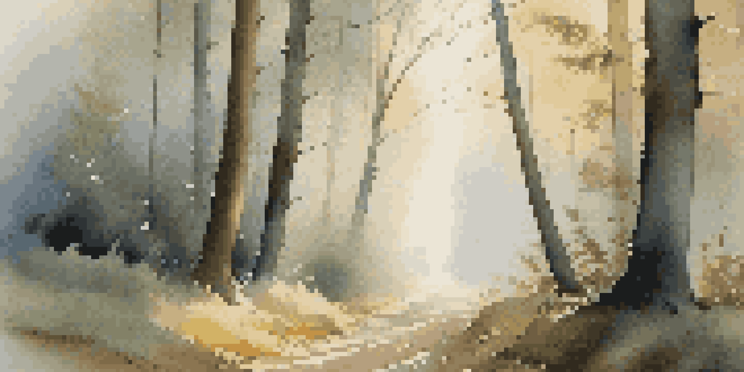 A misty forest at dawn with sunlight filtering through trees and a winding path.