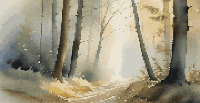 A misty forest at dawn with sunlight filtering through trees and a winding path.