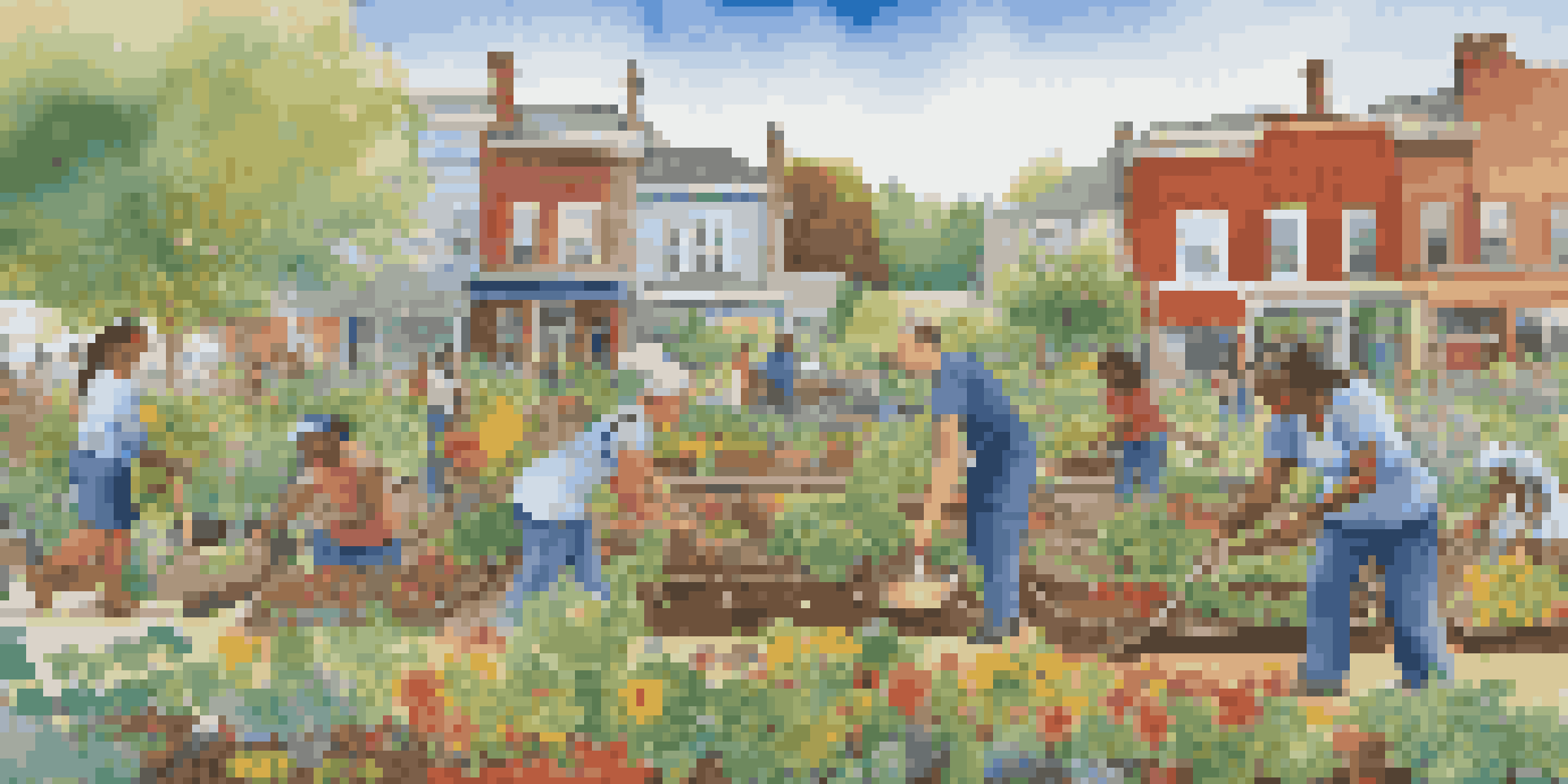 A colorful mural showing a diverse community planting a garden together, symbolizing health and vitality under a clear blue sky.