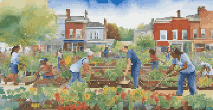 A colorful mural showing a diverse community planting a garden together, symbolizing health and vitality under a clear blue sky.